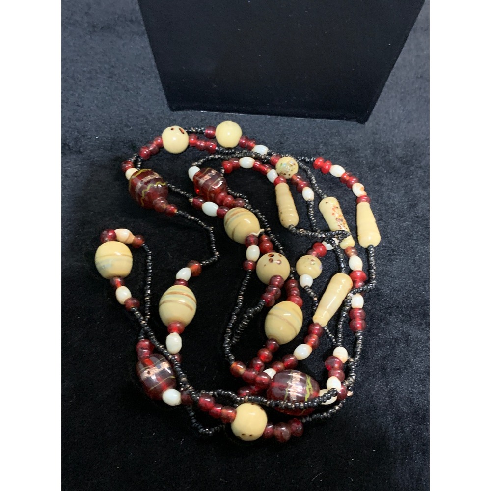 Vintage Artisan Lampwork Glass Bead Necklace Red Cream Black Flapper Boho